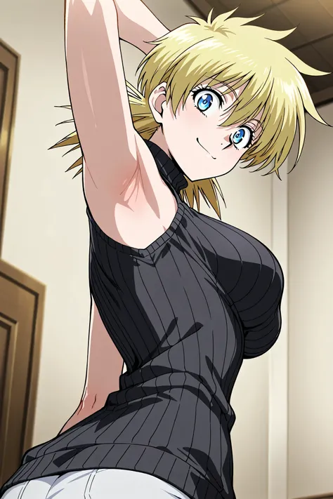 masterpiece, best quality, amazing quality, anime screencap, anime coloring, 1girl, solo, seras victoria, blonde hair, blue eyes, black sweater, sleeveless sweater, ribbed sweater, turtleneck, sleeveless, bare shoulders, bare arms, arm up, raised arm, armp...
