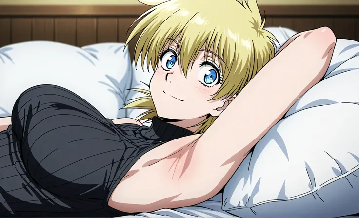 masterpiece, best quality, amazing quality, anime screencap, anime coloring, 1girl, solo, seras victoria, blonde hair, blue eyes, black sweater, sleeveless sweater, ribbed sweater, turtleneck, sleeveless, bare shoulders, bare arms, arm behind head, armpit,...