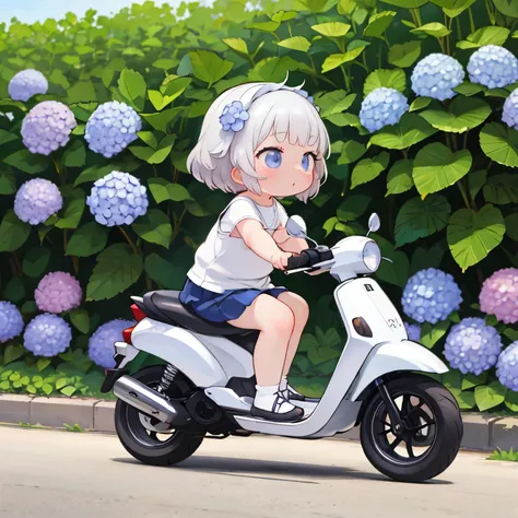 masterpiece，Best Quality，cute girl riding a small scooter，Early summer hydrangea flowers，
