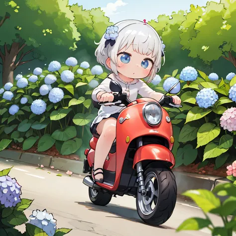 masterpiece，Best Quality，Cute  riding a classic little scooter，Early summer hydrangea flowers，