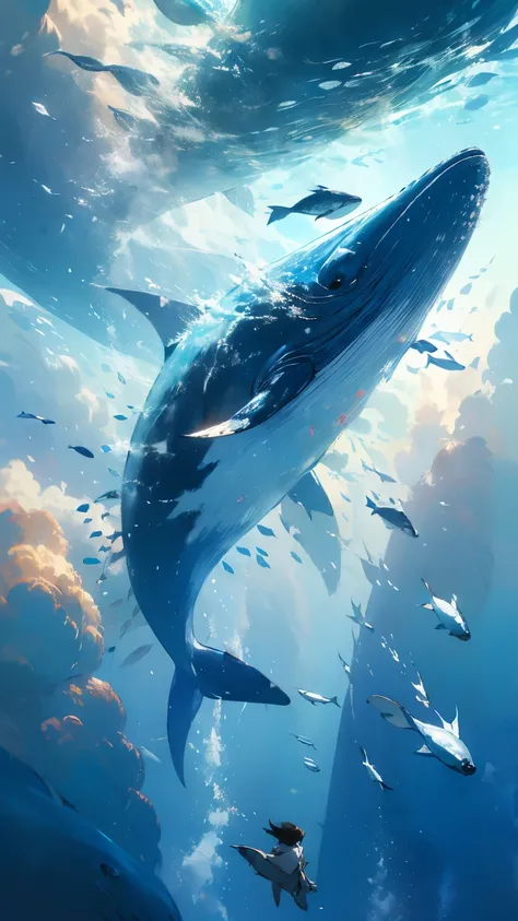 Dark Haired Boy，I stand in the ocean，Clothes float up，beige trench coats，there are many types of fish in the water， Interact with ， excellent perspective ， Bottom-up Perspective ,panorama，whales are flying overhead