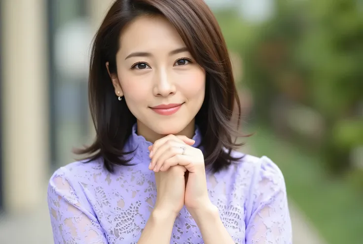 Attractive Mature Woman with Only Young Faces, ( detailed description of hair), ( Photo-Realistic faces:1.8 ), ( angle from head to knee:1.8 ), High Definition , (こちらを笑顔で見るcamera:1.3),masterpiece, (Show me from head to knee:1.9),Best Quality,、(looking...