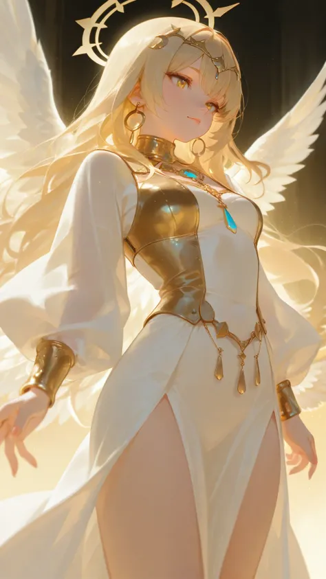 Create an anime-style female character with long flowing blonde hair and prominent golden eyes. She has a calm yet fierce expression, with her lips slightly parted. She is adorned in a white silk slit dress, gold necklace, gold bracelet. on her back are ma...