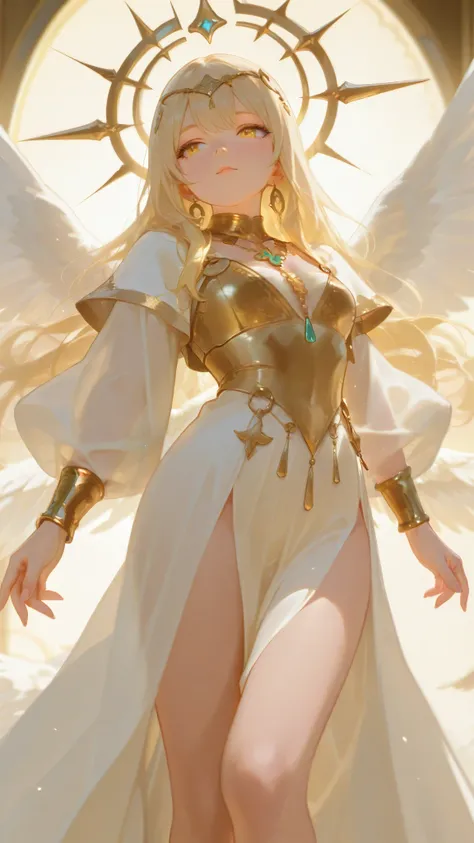 Create an anime-style female character with long flowing blonde hair and prominent golden eyes. She has a calm yet fierce expression, with her lips slightly parted. She is adorned in a white silk slit dress, gold necklace, gold bracelet. on her back are ma...
