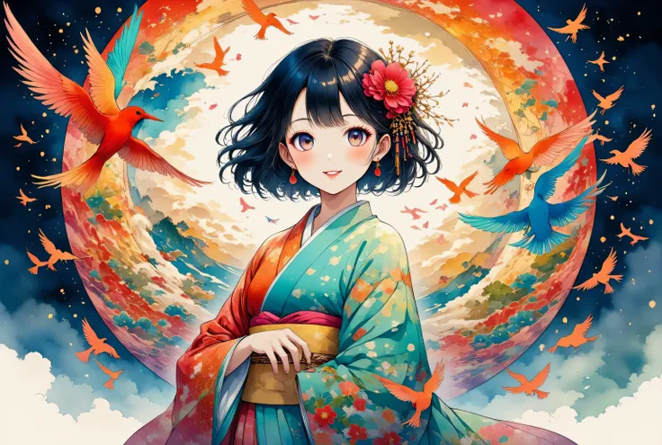 A tranquil scene featuring a girl in a traditional Japanese kimono, Colorful birds fly around、stands gracefully. Birds are depicted as colorful silhouettes, each intricately decorated, Traditional Japanese pattern. Background, large fireworks illuminate t...