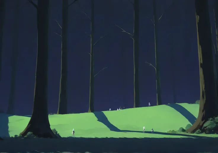 there is a cartoon picture of a forest with trees and flowers, moonlit forest environment, cyber space forest scene, quiet forest night scene, stylized as a 3d render, forest outside, forest setting, alien forest in background, night forest, forest environ...