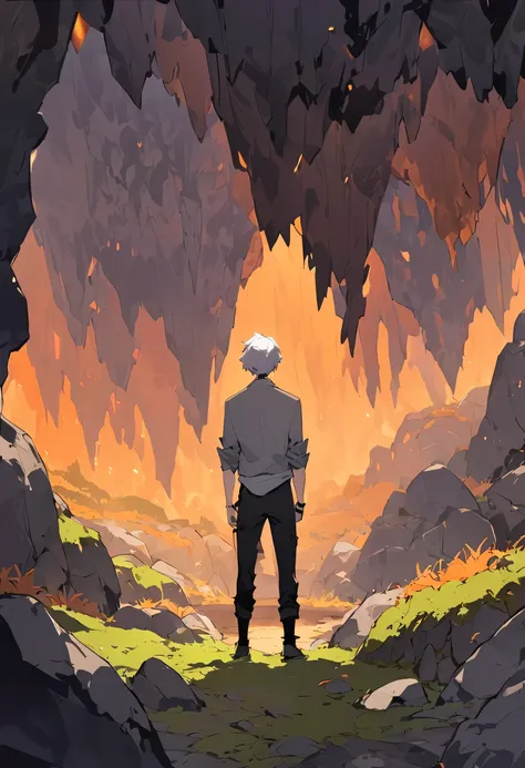 (two man with white hair, a grey jacket with rolled up sleeves and a black pant, standing still, looking at the cave), the environment is a large cave, with dark purple cubic crystals on the ground and the side, orange grass and moss, with grey rock, view ...