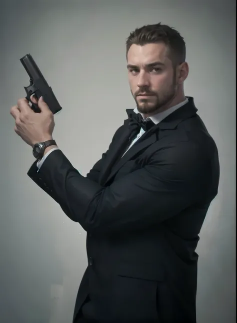 Hd quality, 8k, ultra realistic skin, big muscle, chubby fat, big breast, huge pecs, female breast, beard, big body, big dick, man handling a gun