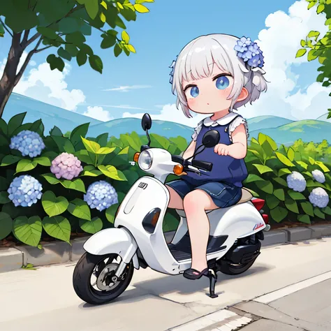 masterpiece，Best Quality，Cute  riding a classic little scooter，Early summer hydrangea flowers，