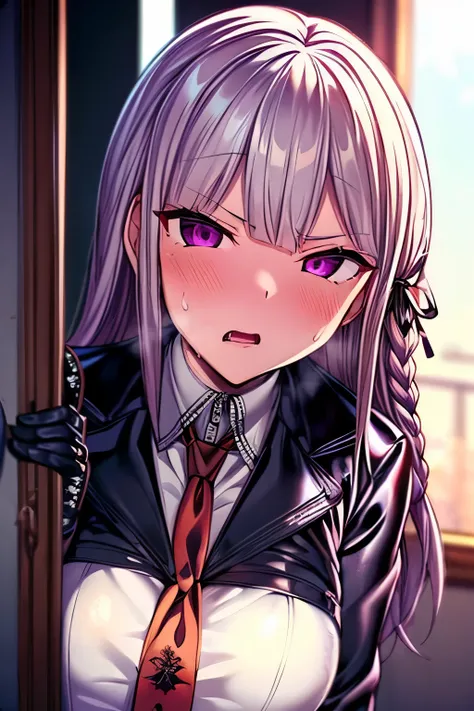 ((masterpiece))), ((best quality)), (ultra-detailed), ((an extremely delicate and beautiful)),(unity 8k wallpaper),Kyoko, purple eyes, purple hair, long hair, braid,black gloves, purple jacket, purple skirt, brown necktie, white shirt,open mouth,((peeking ...