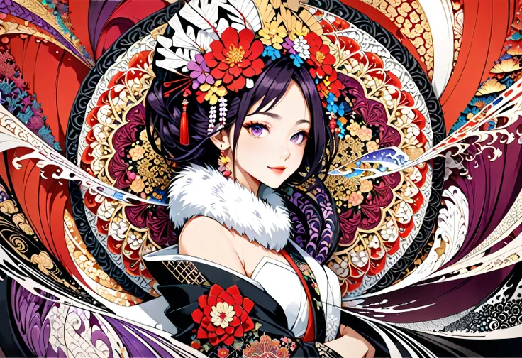 white fur stole, smiles shyly, TOUCH OF PASTEL WATERCOLOR ON THE BACKGROUND, A very beautiful red object, ((( 金色のBackground, Plum World))), 8k wallpaper with a sense of unity, Ultra High Definition, beautiful aesthetic sense, Best Quality, ( zentangle ,...