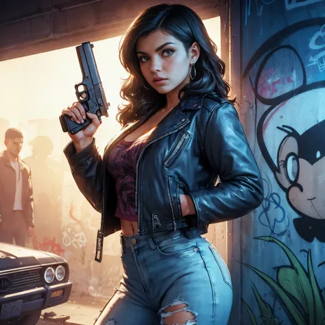 Latina woman in a leather jacket and ripped jeans, holding a pistol, standing in front of a graffiti wall, cinematic lighting