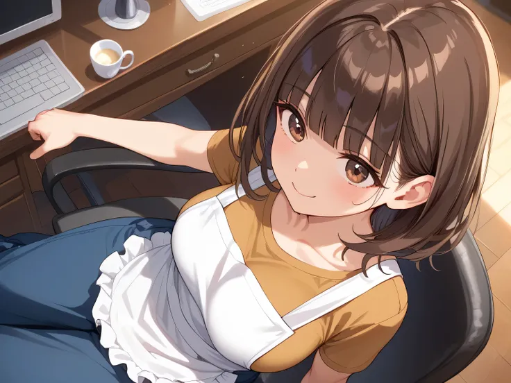 NSFW, masterpiece, 1 girl, large breasts, adult, Navy blue trousers, (Brown T-shirt:1.2), White apron, She is sitting in a chair, Medium Hair, Brown Hair, blunt bangs, Brown eyes, The background is the home, light smile, high angle, BREAK ,score_9, sco...