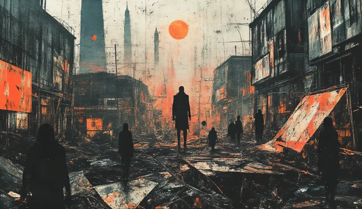 Fragmented reality, abstract landscape, surreal cityscape, broken system, dark ambience, high detail, hyper realistic, 4K, masterpiece.
