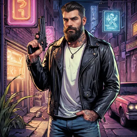 Bearded man in leather jacket and jeans, holding a pistol in a dark alley, neon signs behind him, ultra realistic, HD Quality, 8K