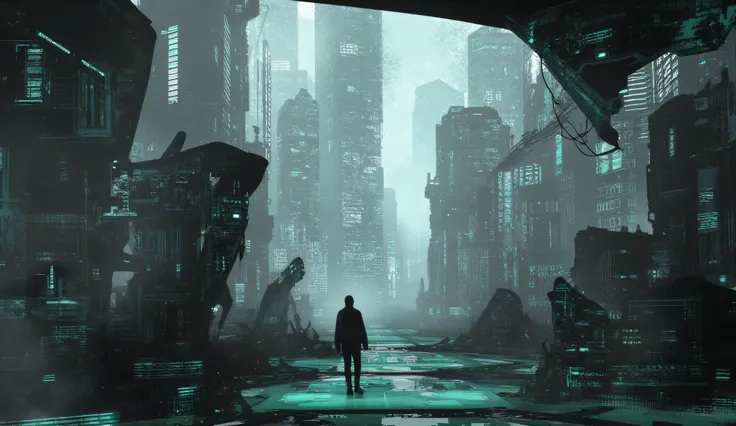 Fragmented reality, glitching, abstract landscape, fragmented, surreal cityscape, broken system, dark ambience, high detail, hyper realistic, 4K, masterpiece.