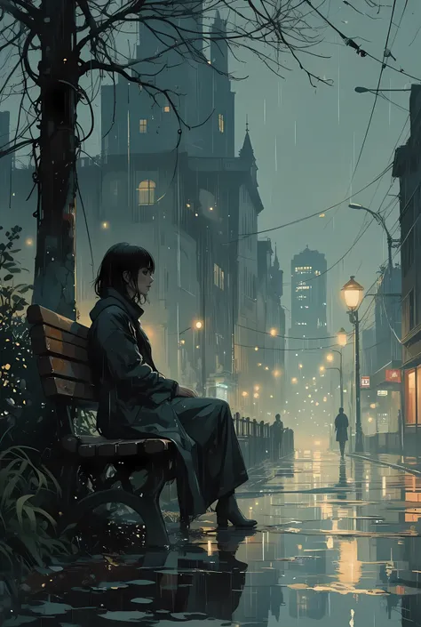 watercolor painting style, a solitary woman sitting on a wooden bench in the rain without an umbrella, her hair and clothes gently soaked, wearing a muted long coat, head slightly lowered, surrounded by a dim, misty atmosphere with blurred outlines and sof...