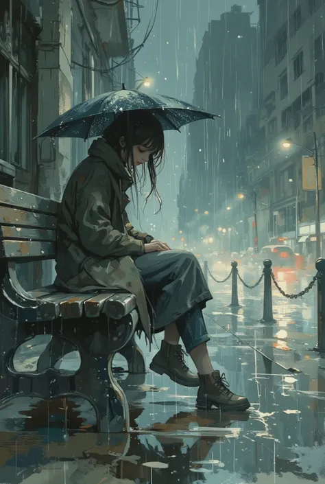 watercolor painting style, a solitary woman sitting on a wooden bench in the rain without an umbrella, her hair and clothes gently soaked, wearing a muted long coat, head slightly lowered, surrounded by a dim, misty atmosphere with blurred outlines and sof...