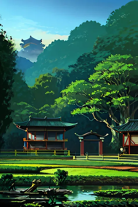 Japanese style garden The sky is cloudy There is a pond in the foreground There is a small Japanese tea room in the back