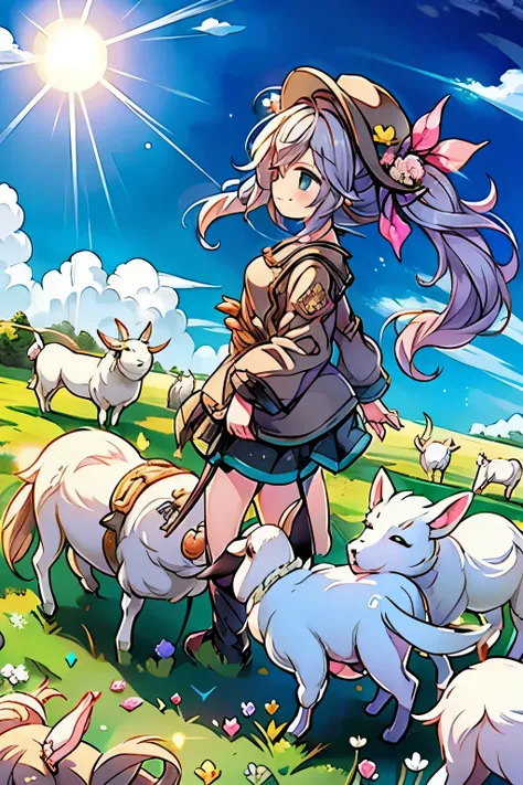 (masterpiece、Best Quality、Best Quality、official art、Beautifully beautiful:1.2)、(1 person under the sun:1.3)Hatsune Miku、 light green twin tails,beautiful breasts,shepherd dog chases a flock of sheep、Sheep are wearing cowbells、牧羊犬の後ろを追いかけるHatsune Miku、on th...