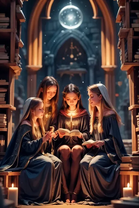 A majestic classroom of magic lit by floating candles and glittering spells. Four young witches, each representing one of the houses of the prestigious Eldoria Academy—Lumen, Umbra, Aether, and Terranova—are seated at their seats, concentrating on an advan...