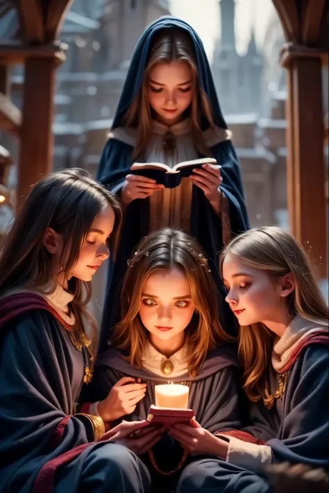 A majestic classroom of magic lit by floating candles and glittering spells. Four young witches, each representing one of the houses of the prestigious Eldoria Academy—Lumen, Umbra, Aether, and Terranova—are seated at their seats, concentrating on an advan...