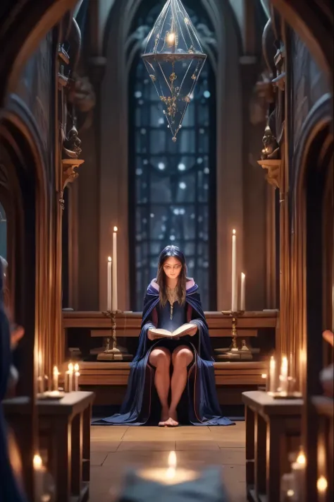 A majestic classroom of magic lit by floating candles and glittering spells. Four young witches, each representing one of the houses of the prestigious Eldoria Academy—Lumen, Umbra, Aether, and Terranova—are seated at their seats, concentrating on an advan...