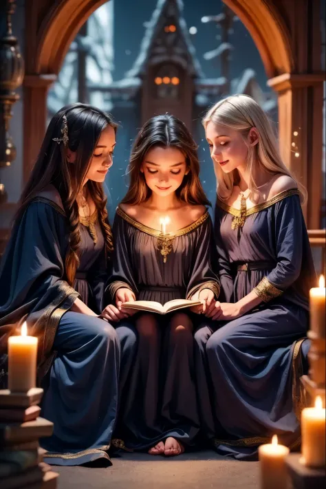 A majestic classroom of magic lit by floating candles and glittering spells. Four young witches, each representing one of the houses of the prestigious Eldoria Academy—Lumen, Umbra, Aether, and Terranova—are seated at their seats, concentrating on an advan...