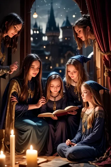 A majestic classroom of magic lit by floating candles and glittering spells. Four young witches, each representing one of the houses of the prestigious Eldoria Academy—Lumen, Umbra, Aether, and Terranova—are seated at their seats, concentrating on an advan...