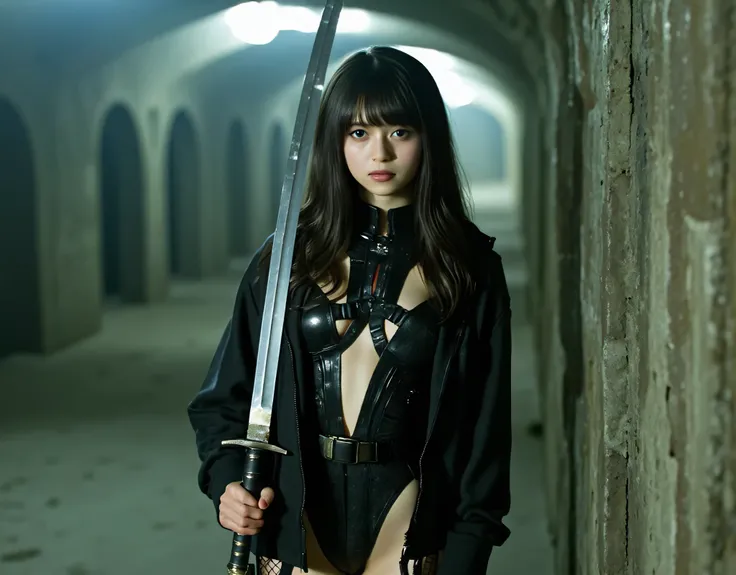 (((On the ground of a decadent earth where living things have become extinct:2.0))),((Desolate ruins with volcanic ash:2.0)),(((HR gigger style cyberpunk atmosphere:2.0))),(((Holding a cyberpunk-like Japanese sword:2.0))),standing figure,one woman,(cute fa...