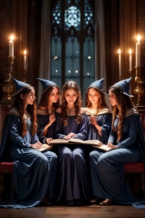 A majestic classroom of magic lit by floating candles and glittering spells. Four young witches, each representing one of the houses of the prestigious Eldoria Academy—Lumen, Umbra, Aether, and Terranova—are seated at their seats, concentrating on an advan...