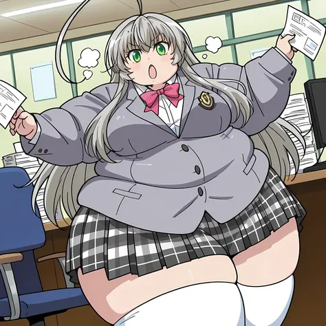 score_9, score_8_up, score_7_up, source_anime, nyaruko, long hair, green eyes, ahoge, grey hair, huge ahoge, nyarlathotep (nyaruko-san), anime screencap, skirt, thighhighs, school uniform, white thighhighs, zettai ryouiki, blazer, plaid, plaid skirt, pleat...