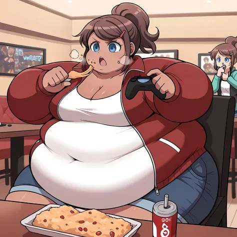 score_9, score_8_up, score_7_up, source_anime,  aoi asahina, short hair, bangs, blue eyes, brown hair, hair ornament, ponytail, hairclip, dark skin, dark-skinned female, large breasts,, shirt, long sleeves, cleavage, collarbone, jacket, white shirt, open c...
