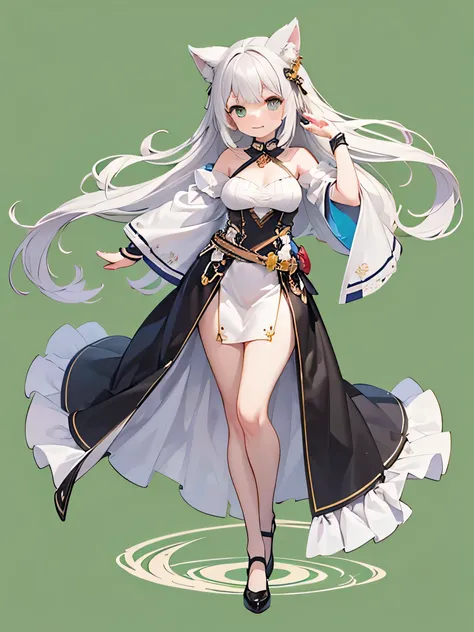 voluptuous bust, balanced hips, moderate waist, average height, vertical composition, classic black leather loafers with a low heel and rounded toe, featuring a cheerful age girl standing in a neutral pose for use as a Live2D virtual avatar, long platinum ...