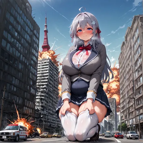 shy face、Female Giant、(1 million kilometer long)、、press your chest against the city、Destruction、Destruction、Highlight the valley、徹底的に街をDestruction、buildings collapse、masterpiece、Best Quality、、((((super huge breasts that will take your feet))))、((plump thig...