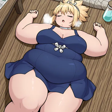 masterpiece, best quality, highres, newest, 1girl, solo, official style, anime screncap, kohaku, blonde hair, blue eyes, white choker, blue sleeveless dress, ponytail, dutch angle, closed eyes, laying on the floor, from the top, (((cenital shot)))), sleepi...