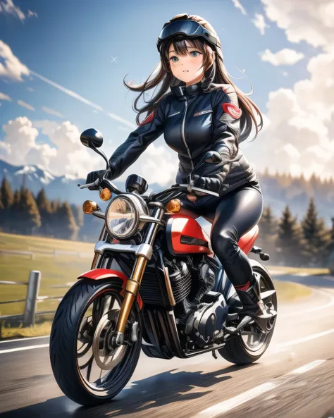 ((( Masterpiece:1.3, Best Quality, hight resolution, nffsw, Perfect Pixel,  4K, nffsw, nffsw))), 1girl in, Off-road motorcycle driving on spring country roads、18-year-old girl、jet helmet、((December scenery, white Christmas, softly falling snow, she drives ...