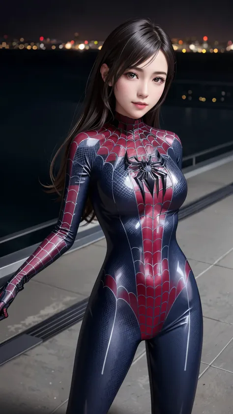 {{Top Quality, Masterpiece}}, (Realistic: 1.3), Wallpapers, ultra high res, ultra high quality, BREAK {{{FF7, Tifa_lockhart, solo}}}, Ultra-detailed face, Detailed eyes, Red eyes, {arms behind back}, (black brown hair, Large breasts), (she is wearing a spi...