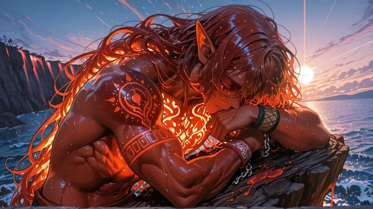 red-skinned elves,Long pointed ears, 30 years old, Very tall, very big muscles, Walk to the right of the scene, Elite Warriors, red aurora erupts from eyes,Warrior Spirit, Very handsome, I blew my hair , long-haired, bushy, Wet hair, facing the sky, Calm ...