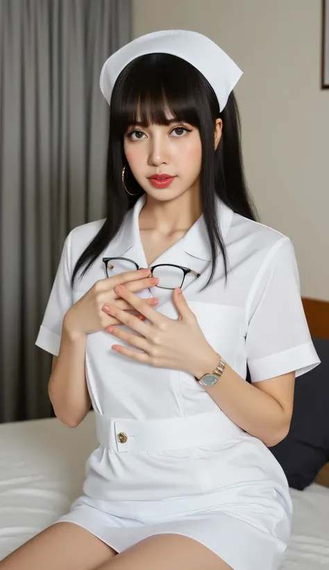 seorang wanita, sitting on a bedroom mattress, hands clasping breasts, using a white nurse uniform, payudara besar, lipstik merah, face massage seductive, using box shape glasses