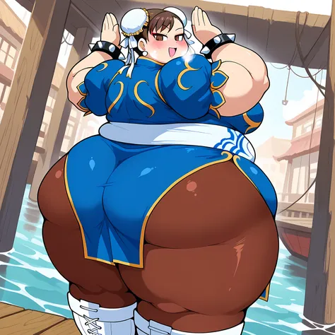 score_9, score_8_up, score_7_up, source_anime, chun li, brown eyes, brown hair, bun cover, double bun, eyeliner, hair bun, lipstick, makeup, pink lips, large breasts,, blue dress, boots, bracelet, brown pantyhose, china dress, chinese clothes, cross-laced ...