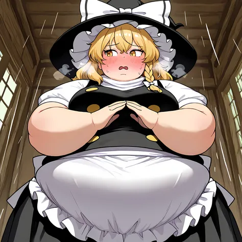 1girl, KIRISAME MARISA BLONDE HAIR, YELLOW EYES, SINGLE BRAID, WITCH HAT, WHITE RIBBON, BLACK SKIRT, BLACK SHIRT, SHORT SLEEVES, WAIST APRON, WHITE SLEEVES, large breasts, 1girls,solo, female_focus, rain A sack in hands, stealing parody, indoors bulging be...