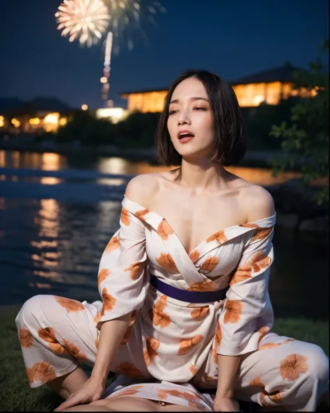 (The 8k quality, Ultra-high-resolution quality, Ultra high definition, Photorealistic, Best Quality):1.5, (masterpiece):1.4,
(camera angle from below view, A grassy riverbank at night where you can see the many large fireworks from the fireworks festival,...