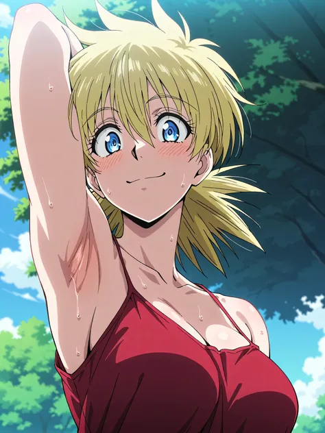 masterpiece, best quality, amazing quality, anime screencap, anime coloring, 1girl, solo, seras victoria, blonde hair, blue eyes, red tank top, spaghetti straps, (sweaty:0.6), sleeveless, bare shoulders, bare arms, arm behind head, armpit, armpit focus, he...
