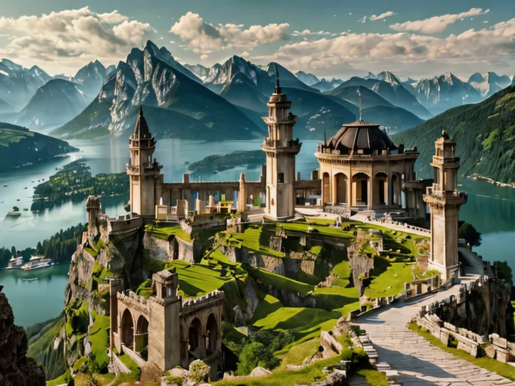 Nestled high in the Austrian Alps, this magnificent white mansion stands as a beacon of classical elegance amidst a dramatic landscape. Its pristine facade gleams against the rugged mountain slopes, a stark and beautiful contrast. Below, a vast, shimmering...