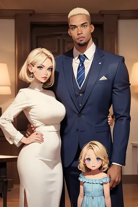 Family photo . beautiful blonde. Blue eyes . breast size 3 . SEXY MAKEUP .  height 190 cm  . A tall, pumped up black man, 210 cm tall, stands with her . And their mulatto daughter . 