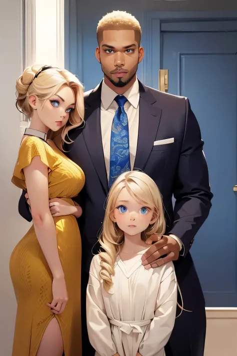Family photo . beautiful blonde. Blue eyes . breast size 3 . SEXY MAKEUP .  height 190 cm  . A tall, pumped up black man, 210 cm tall, stands with her . And their mulatto daughter . 