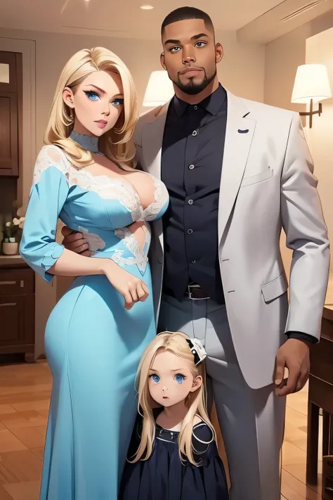 Family photo . beautiful blonde. Blue eyes . breast size 3 . SEXY MAKEUP .  height 190 cm  . A tall, pumped up black man, 210 cm tall, stands with her . And their mulatto daughter . 
