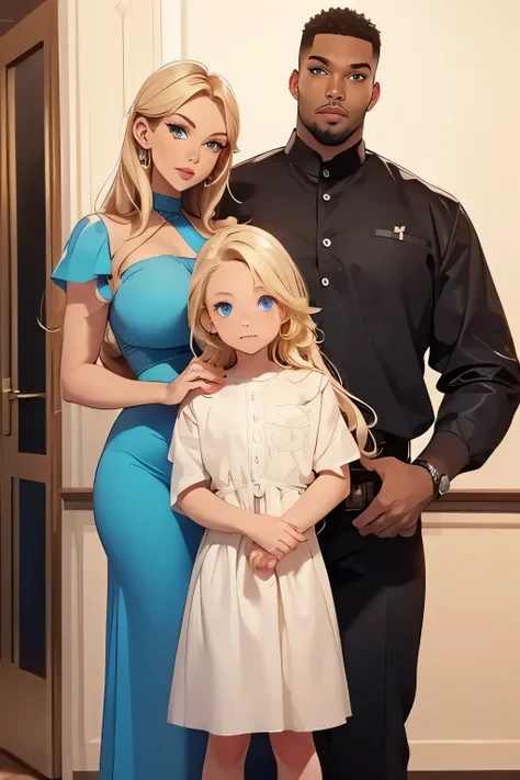 Family photo . beautiful blonde. Blue eyes . breast size 3 . SEXY MAKEUP .  height 190 cm  . A tall, pumped up black man, 210 cm tall, stands with her . And their dark-skinned mulatto daughter. 