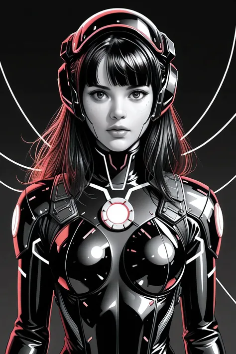 (masterpeace), high quality, (whole body:1.5),((Line Art: 1.5)), ((sci-fi comic style)), ((monochrome)), simple background, action scene, europian comic, single shot, syntheticbreed, 
BREAK
A young girl wearing a black bodysuit, ((tactical helmet)), (cyber...